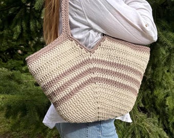 Handmade crochet summer bohemian cotton recycled rope shopper holiday bag with pockets