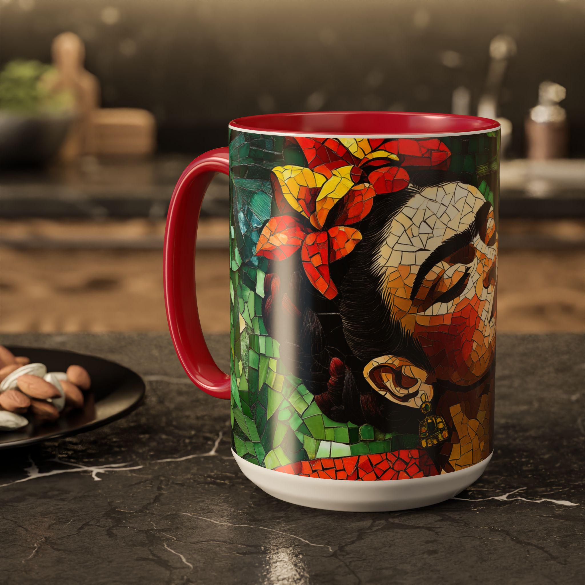 フリーダ・カーロ 陶器製マグカップ フリーダ・カーロ風マグカップ、メキシコタイルアートコーヒーカップ