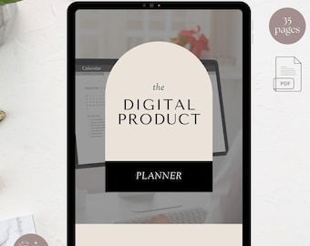 Könnte beinhalten: Ein digitaler Produktplaner mit beigefarbenem Hintergrund und schwarzem Text. Der Text lautet "the DIGITAL PRODUCT PLANNER". Das Bild wird auf einem Tablet-Bildschirm angezeigt.