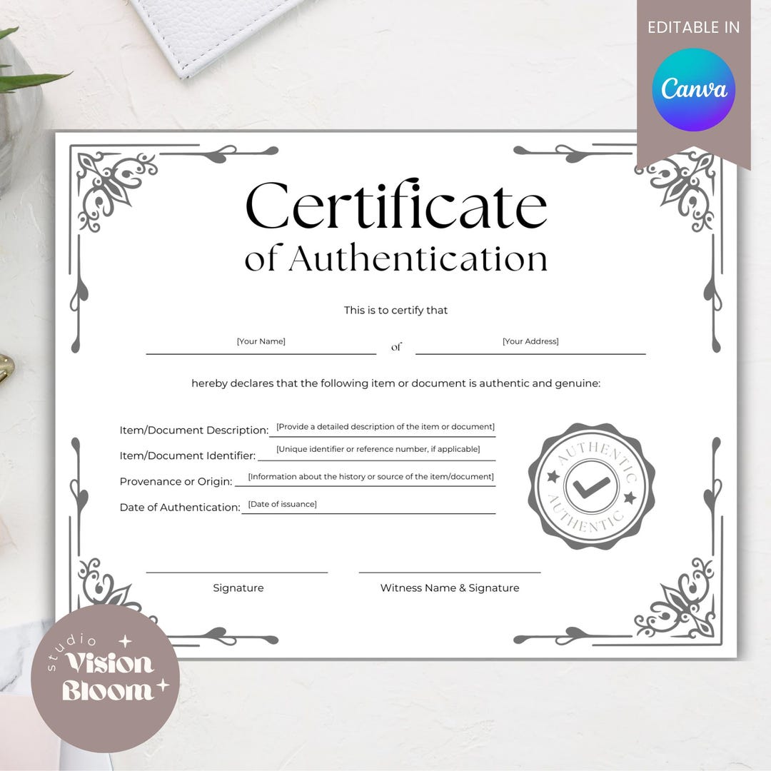 Editable Certificate of Authenticity Template: Printable Authentication ...