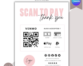 Bearbeitbare Zahlungsvorlage, Scan-to-Pay-Zeichen, Venmo-Zahlung QR-Vorlage, Digital Download Zahlungsschild, Business Zahlungsplakat