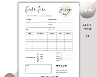 May include: A black and white printable order form template with the text "Simple order form" and "Order Form" in a handwritten font. The form includes fields for customer information, order details, item description, quantity, price, subtotal, payment method, notes, and a section for business contact information.