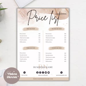 Modelo de lista de preços editável | Lista de preços para impressão para empresas | Design de lista de preços | Modelo de folha de preços de serviços | Negócios estéticos