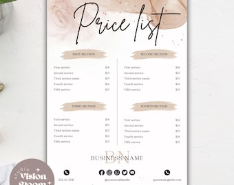 Op de afbeelding: Een prijslijst voor een bedrijf genaamd "Vision Bloom" met een aquarel achtergrond. De lijst is verdeeld in vier secties: Eerste, Tweede, Derde en Vierde. Elke sectie vermeldt vijf diensten met hun bijbehorende prijzen.