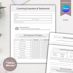 May include: A white coaching evaluation and testimonial template with the text "Coaching Evaluation & Testimonial". The template includes sections for client information, instructions, and self-assessment of progress. The Canva logo is visible.