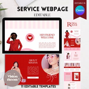 以下が含まれることがあります： ピンクと赤の配色が施されたデジタルデザインテンプレート。「SERVICE WEBPAGE EDITABLE」と「HEY FRIEND WELCOME」のテキストが含まれています。テンプレートはCanvaで編集可能で、複数のレイアウトが特徴です。