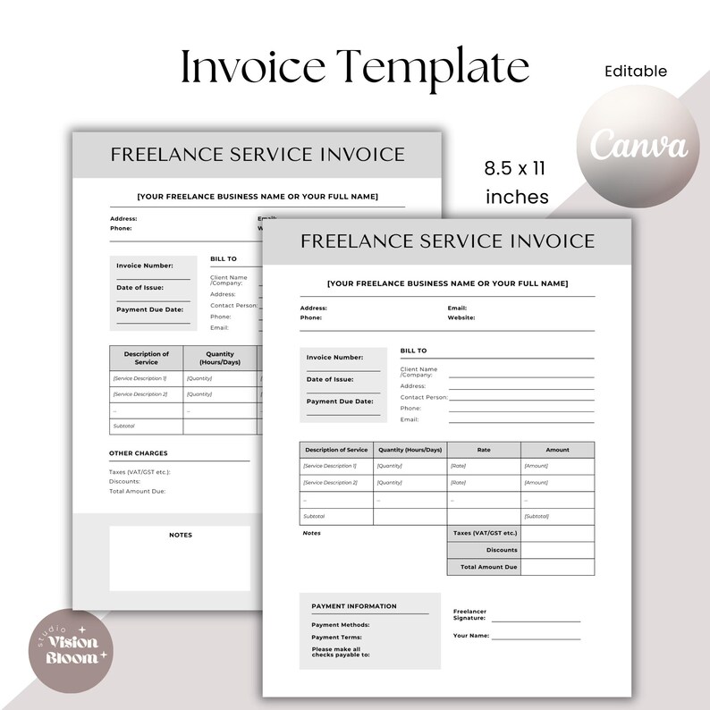 Freelancer Invoice Template, Editable Business Invoice- Easy to Edit ...