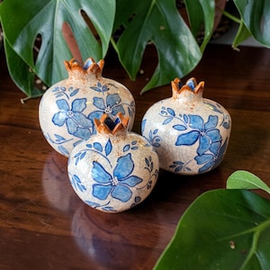Handmade Blue White Pomegranate Decor, Vintage Crackle Ceramic Vase Set, Antique Style Coastal Pottery Centerpiece, New Home Gift Set