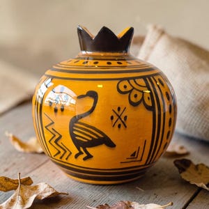 Handmade Antique Ceramic Pomegranate Vase, Yellow Primitive Pottery Decor, Unique Housewarming Gift, Ancient Anatolian Style Home Art