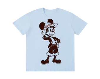 Mickey Mouse & Luffy One Piece Crossover Unisex T-Shirt 100% Cotton | Vintage Anime Manga Mashup Tee, Straw Hat Pirate Cartoon Graphic Shirt