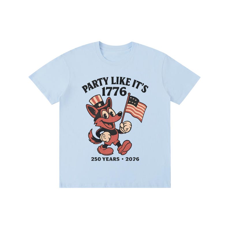 America 250 Shirt | Vintage 1776 Cartoon German Shepherd | 250th Anniversary Mascot | Funny 4th of July 2026 White Tee Sky Blue