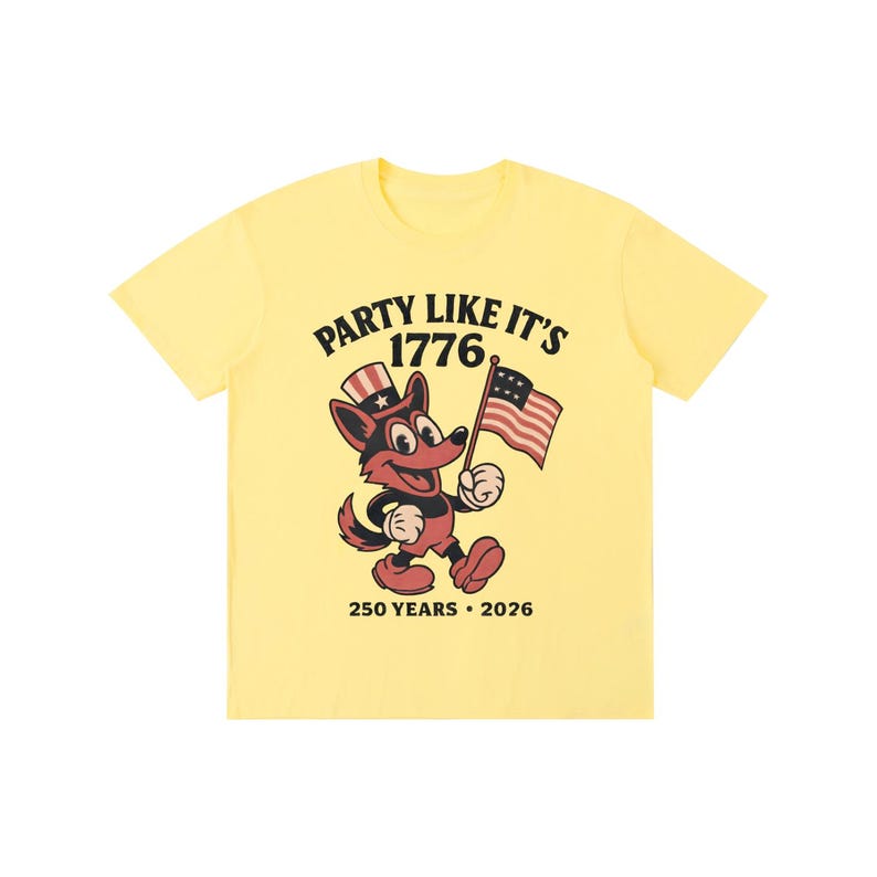 America 250 Shirt | Vintage 1776 Cartoon German Shepherd | 250th Anniversary Mascot | Funny 4th of July 2026 White Tee Yellow
