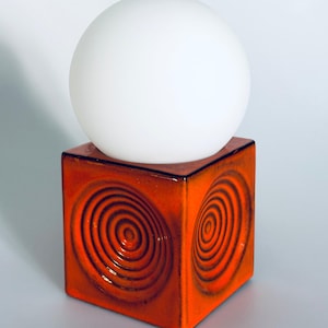 1970er Steuler Lampe OpArt Tischleuchte Keramik Orange Wirbel Cube West German Pottery Spaceage