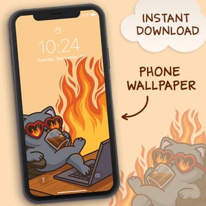 Może przedstawiać: Smartfon wyświetla tapetę z kreskówkowym kotem w okularach przeciwsłonecznych w kształcie serca i trzymającym napój, z płomieniami w tle. Ekran telefonu pokazuje godzinę 10:24. Tekst: 'Natychmiastowe pobieranie'.