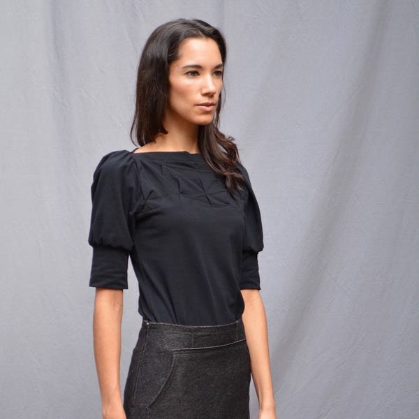 Folded Top, Women's Top, Cotton Jersey, Folded Detail, Puff Sleeves, Modern Chic- Made to order