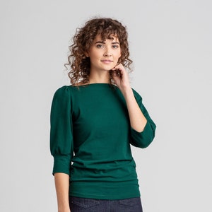 Puff Sleeve Jersey Top, Women&#39;s Top, High Neckline, Cotton Jersey- made to order