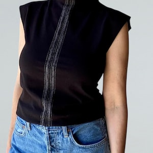 Opal Lines Top, Sleeveless, High Neckline, White Lines Detail, Cotton Jersey- Made to Order