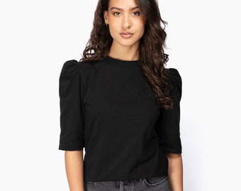 Talia Top, Women's Top, High Neckline, Mid Length Sleeve, Modern Minimal- Ready to ship