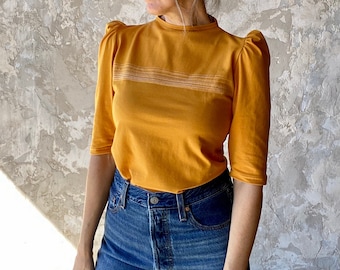 Tall Puff Mid Sleeve Top With Lines, Cotton Jersey, Funnel Neckline- Made to Order