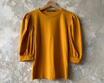 Size small, Gold, Puff Sleeve Jersey Top, Women's Top, High Neckline, Cotton Jersey- ready to ship