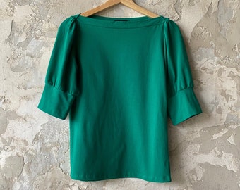 Medium, Bright Green, Puff Sleeve Jersey Top, Women's Top, High Neckline, Cotton Jersey- ready to ship