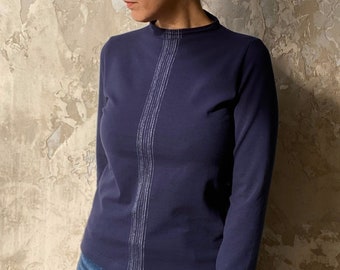 Cotton Jersey Top: High Neckline, White Lines Detail, Long Sleeve - Made to Order