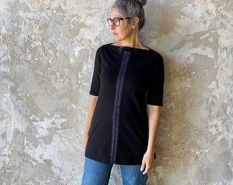 Center Lines Tunic, Cotton Jersey, Mid Sleeve, Modern Style- made to order