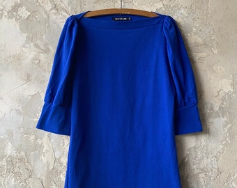 Extra Small, Puff Sleeve Jersey Top, Women's Top, Cobalt Blue, High Neckline, Cotton Jersey- ready to ship