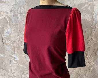 Puff Sleeve Top Color Block Reds, Women's Top, Cotton Jersey, Modern Chic- Made to order