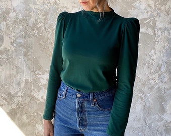Puff Sleeve Top, Women's Top, High Neckline, Cotton Jersey- Made to order