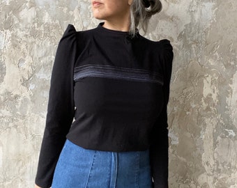 Tall Puff Sleeve Top with Lines, High Neckline, Cotton Jersey- Made to order