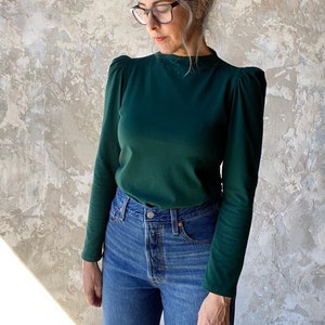 Tall Puff Sleeve Top, Women&#39;s Top, High Neckline, Cotton Jersey- Made to order