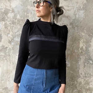 Tall Puff Sleeve Top with Lines, Women&#39;s Top, High Neckline, Cotton Jersey- Made to order