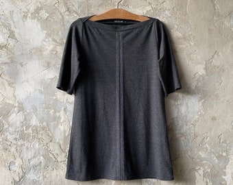 Small, Center Lines Tunic, Cotton Jersey, Mid Sleeve, Modern Style, Heather Charcoal- ready to ship