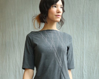 Triangle Top, Women's Top, Cotton Jersey with White Lines, Mid sleeves, Geometric, Modern style- Made to order
