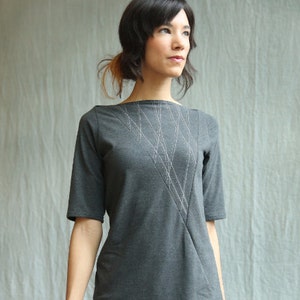 Triangle Top, Women's Top, Cotton Jersey with White Lines, Mid sleeves, Geometric, Modern style Made to order image 1