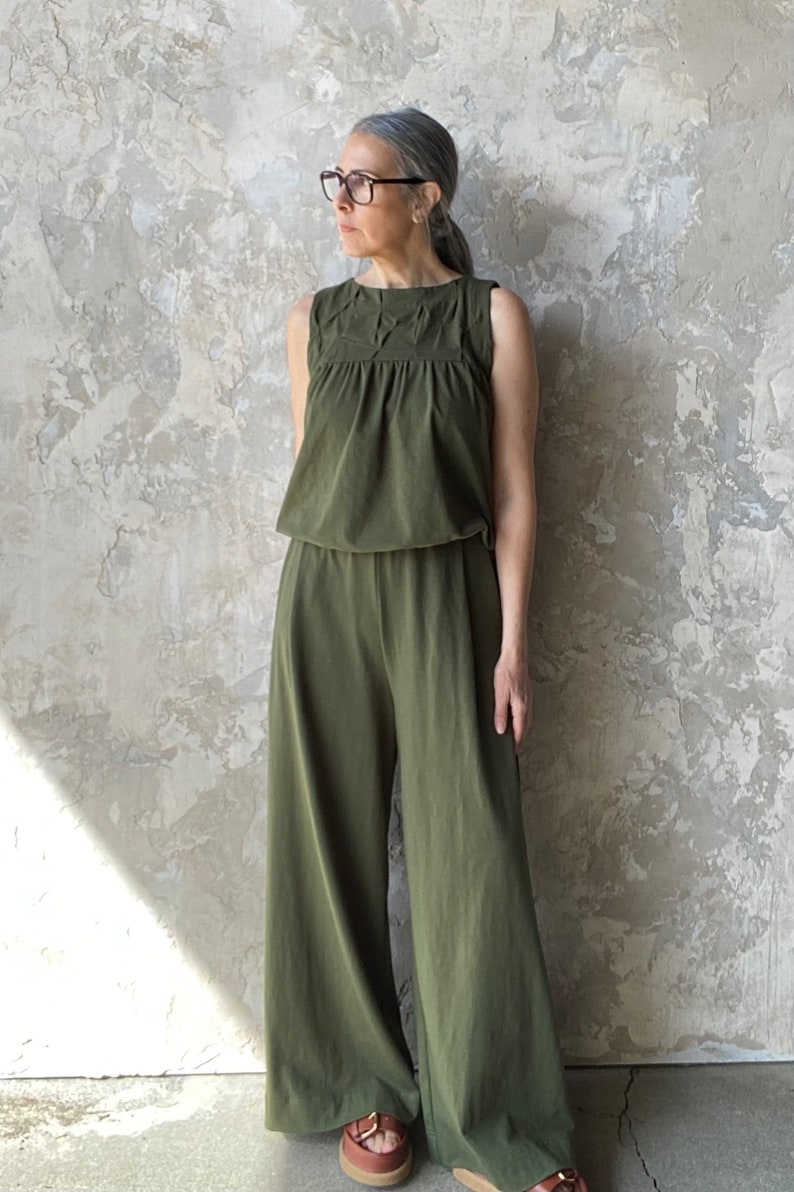 olive green cotton jersey wide leg pants