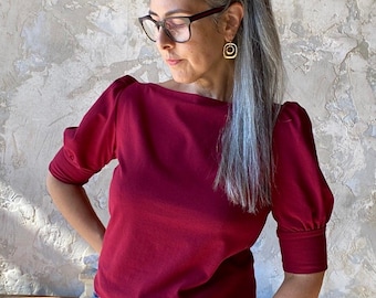 Large, Envelope Top, Claret, Cotton Jersey, Puff Sleeve Top - ready to ship