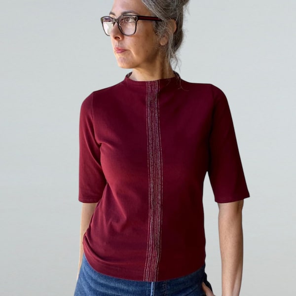 Center Lines Top, High Neckline, White Lines Detail, Mid Sleeve, Cotton Jersey- Made to Order