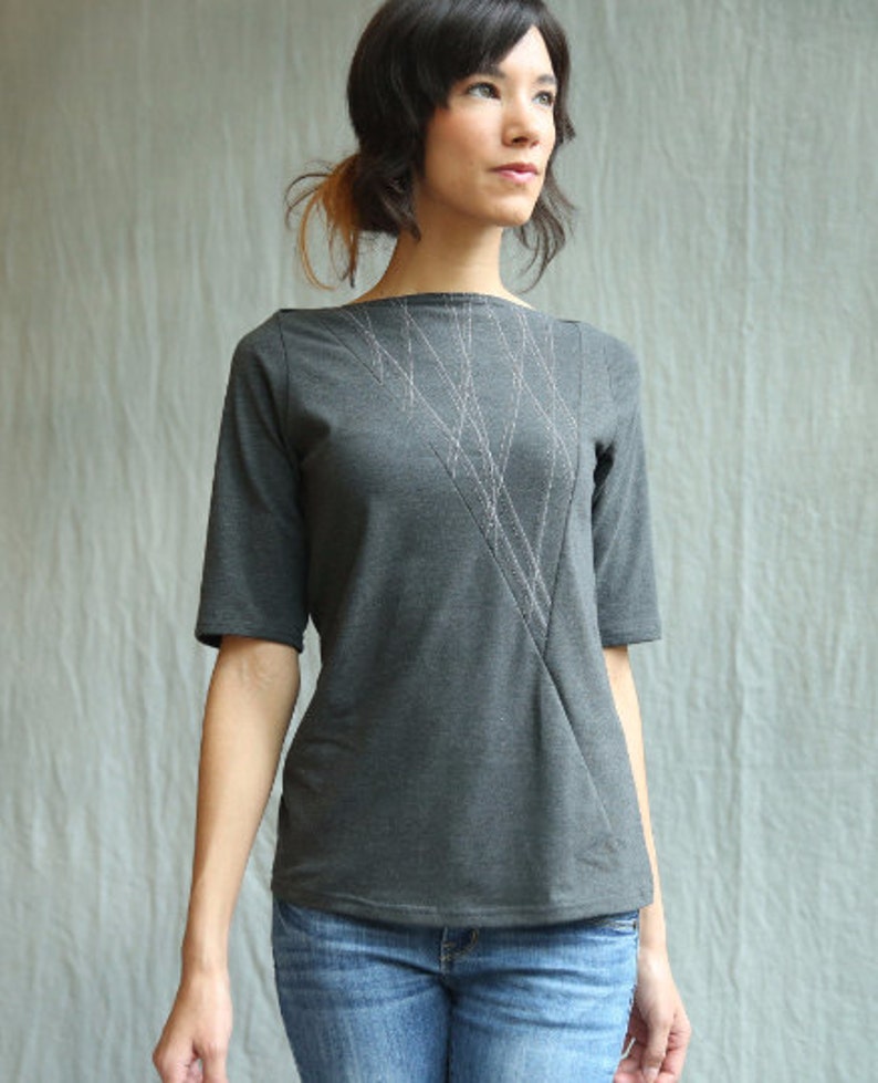 Triangle Top, Women's Top, Cotton Jersey with White Lines, Mid sleeves, Geometric, Modern style Made to order image 1