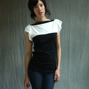 Fae Top, Black and White, Cotton Jersey, Flutter Sleeve Handmade to order image 2