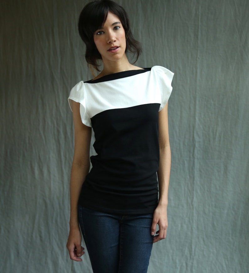 Fae Top, Black and White, Cotton Jersey, Flutter Sleeve Handmade to order image 2