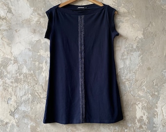 Small, Center Lines Tunic, Cotton Jersey, Navy, Cap Sleeve, Modern Style- ready to ship