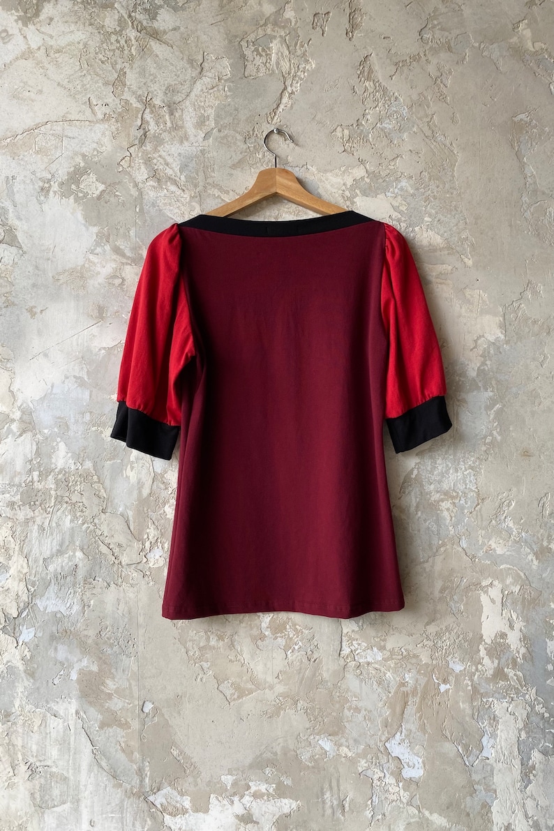 Small, Puff Sleeve Top Color Block Reds, Women's Top, Cotton Jersey, Modern Chic Ready to Ship image 3