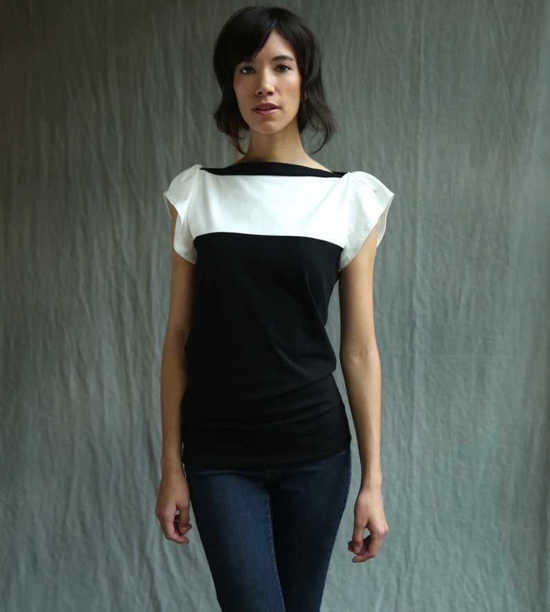 Fae Top, Black and White, Cotton Jersey, Flutter Sleeve Handmade to order image 4