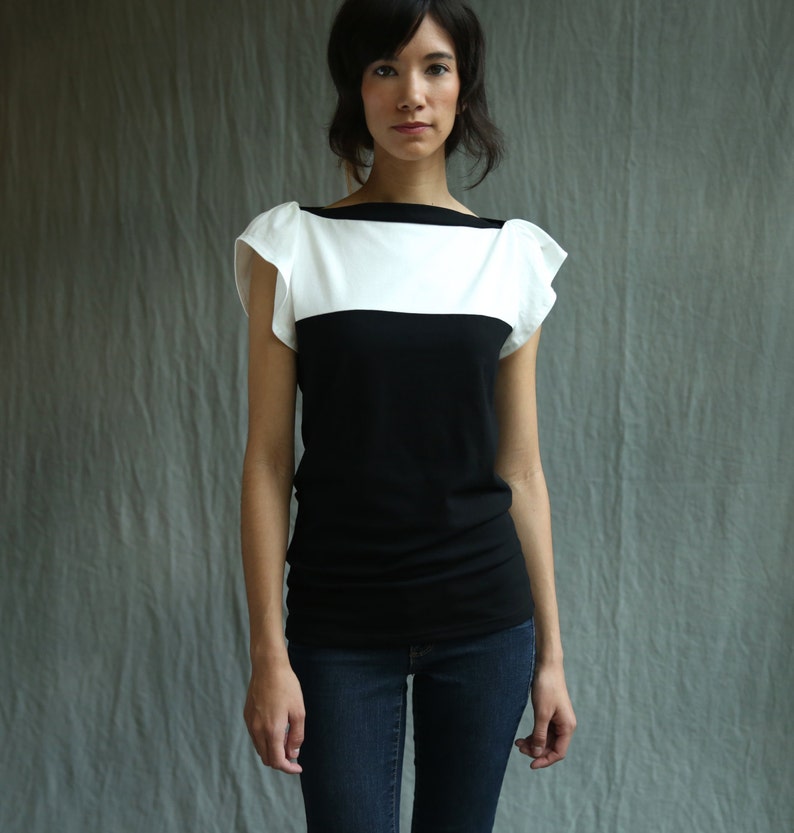 Fae Top, Black and White, Cotton Jersey, Flutter Sleeve Handmade to order image 1