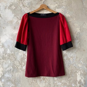 burgundy puff sleeve top in cotton jersey