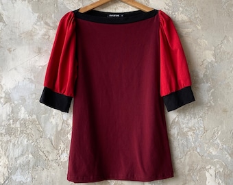 Small, Puff Sleeve Top Color Block Reds, Women's Top, Cotton Jersey, Modern Chic- Ready to Ship