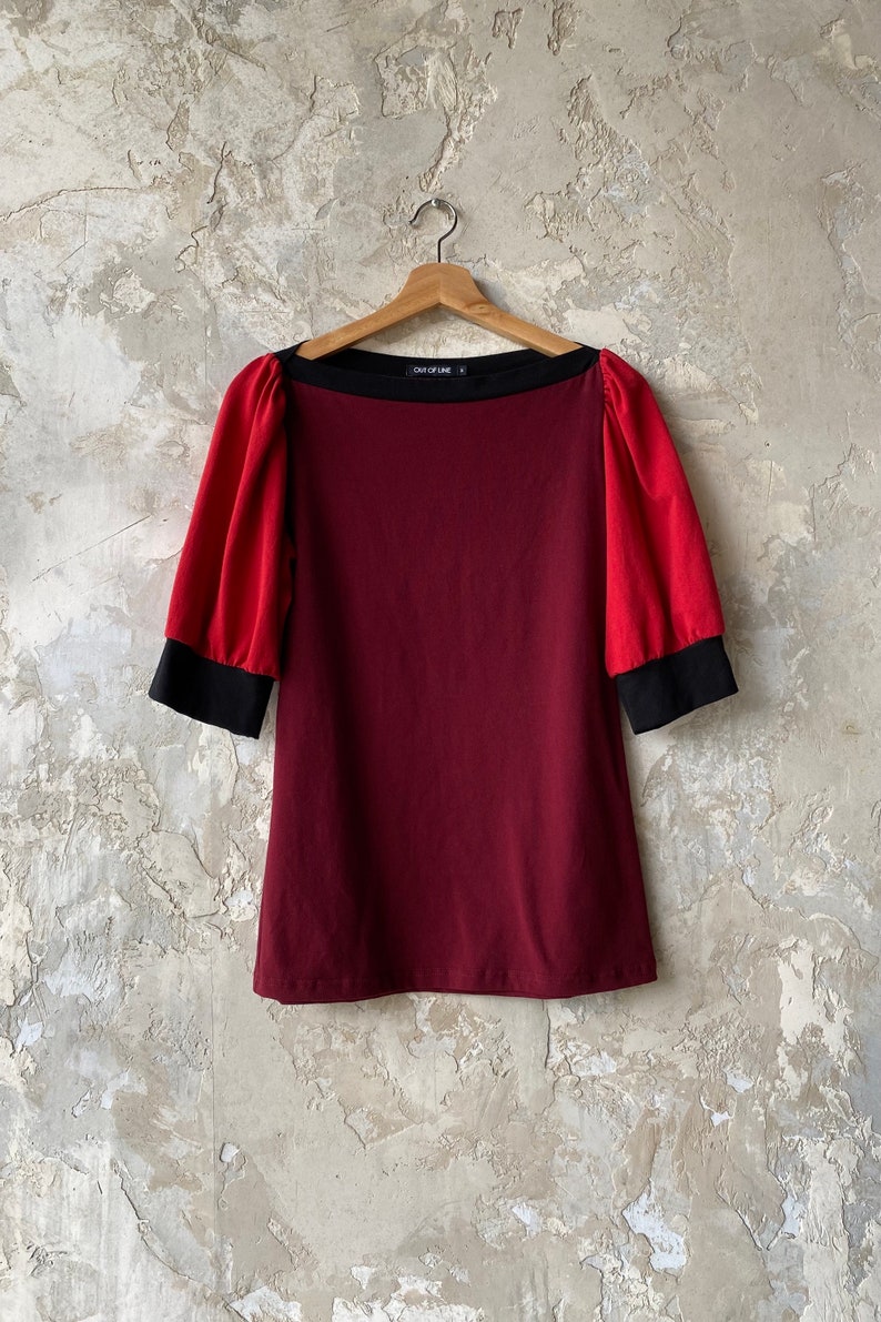 burgundy puff sleeve top in cotton jersey