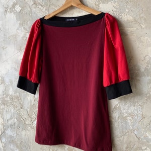 Small, Puff Sleeve Top Color Block Reds, Women's Top, Cotton Jersey, Modern Chic Ready to Ship image 2